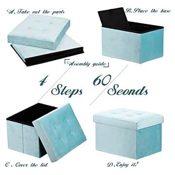 LINMAGCO 16" Small Velvet Ottoman with Storage | Collapsible Sturdy Rectangle Ottoman Foot Rest Under Desk Stool for Room Folding Ottoman Furniture with Button turfted-Lakeblue