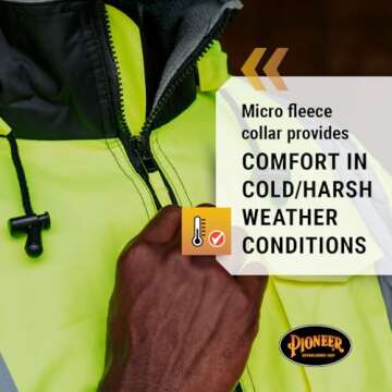 Pioneer Hi Vis Safety Bomber for Men - Waterproof, Reflective ANSI Class 3 Winter Rain Jacket with Detachable Hood