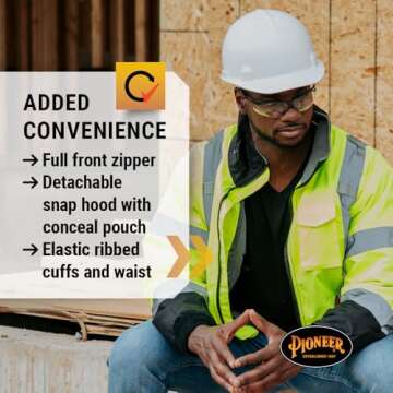 Pioneer Hi Vis Safety Bomber for Men - Waterproof, Reflective ANSI Class 3 Winter Rain Jacket with Detachable Hood