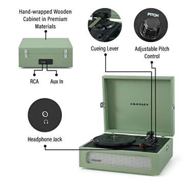 Crosley CR8017B-SA Voyager Vintage Portable Vinyl Record Player Turntable with Bluetooth in/Out and Built-in Speakers, Sage