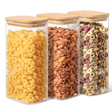 ComSaf 54oz Rectangle Glass Storage Containers with Lids, Glass Jars with Bamboo Lids, Clear Food St...