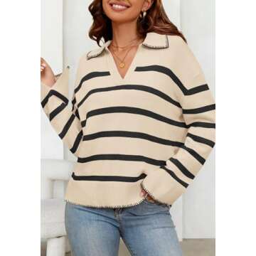 MEROKEETY Women's 2024 Fall Oversized Striped Sweater Collared V Neck Long Sleeve Trendy Knit Pullover Tops, Apricot, Large