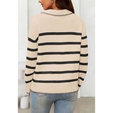 MEROKEETY Women's 2024 Fall Oversized Striped Sweater Collared V Neck Long Sleeve Trendy Knit Pullover Tops, Apricot, Large