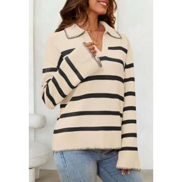 MEROKEETY Women's 2024 Fall Oversized Striped Sweater Collared V Neck Long Sleeve Trendy Knit Pullover Tops, Apricot, Large