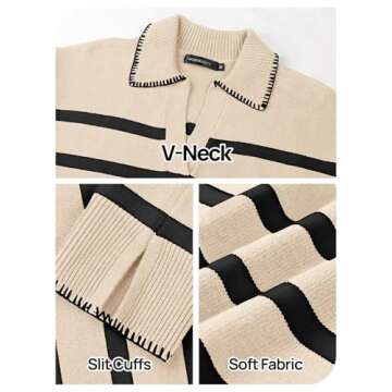 MEROKEETY Women's 2024 Fall Oversized Striped Sweater Collared V Neck Long Sleeve Trendy Knit Pullover Tops, Apricot, Large