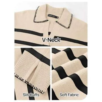 MEROKEETY Women's 2024 Fall Oversized Striped Sweater Collared V Neck Long Sleeve Trendy Knit Pullover Tops, Apricot, Large