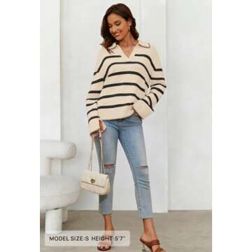 MEROKEETY Women's 2024 Fall Oversized Striped Sweater Collared V Neck Long Sleeve Trendy Knit Pullover Tops, Apricot, Large