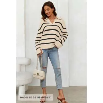 MEROKEETY Women's 2024 Fall Oversized Striped Sweater Collared V Neck Long Sleeve Trendy Knit Pullover Tops, Apricot, Large
