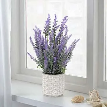 DILATATA Lavender Flowers Artificial Lavender Decor Fake Lavender Plant in Cement Pot Faux Plants in Pots for Rustic Home Bathroom Table Centerpieces Wedding Decor Potted Lavender Flower Purple Decor