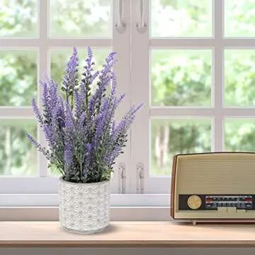 DILATATA Lavender Flowers Artificial Lavender Decor Fake Lavender Plant in Cement Pot Faux Plants in Pots for Rustic Home Bathroom Table Centerpieces Wedding Decor Potted Lavender Flower Purple Decor