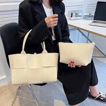 Stylish Vegan Leather Woven Tote Bag with Matching Clutch