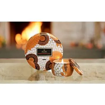 Voluspa Spiced Pumpkin Latte, 3 Wick Tin Candle, 12 Ounce, 40 Hour Burn Time, All Natural Wicks and Coconut Wax for Clean Burning, Vegan, Poured in The USA