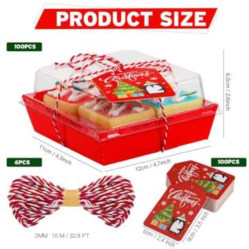 100 Pcs Christmas Charcuterie Boxes with Ropes and Cards, Christmas Food Box with Clear Lids, Dispos...