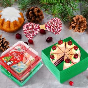 100 Pcs Christmas Charcuterie Boxes with Ropes and Cards, Christmas Food Box with Clear Lids, Disposable Paper Bakery Box Red Green Square Dessert Containers for Xmas Party Favor Cookie Cake Sandwich