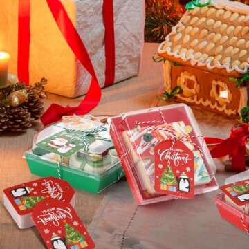 100 Pcs Christmas Charcuterie Boxes with Ropes and Cards, Christmas Food Box with Clear Lids, Disposable Paper Bakery Box Red Green Square Dessert Containers for Xmas Party Favor Cookie Cake Sandwich