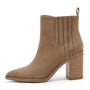 Womens Ankle Boots Slip on Pointed Toe Chunky Block Mid Heel Leather Elastic Panel Casual Chelsea We...