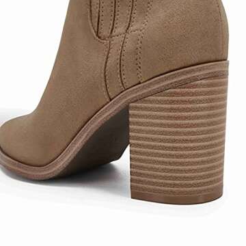 Womens Ankle Boots Slip on Pointed Toe Chunky Block Mid Heel Leather Elastic Panel Casual Chelsea Western Booties