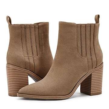 Womens Ankle Boots Slip on Pointed Toe Chunky Block Mid Heel Leather Elastic Panel Casual Chelsea Western Booties