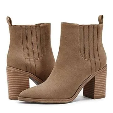 Womens Ankle Boots Slip on Pointed Toe Chunky Block Mid Heel Leather Elastic Panel Casual Chelsea Western Booties