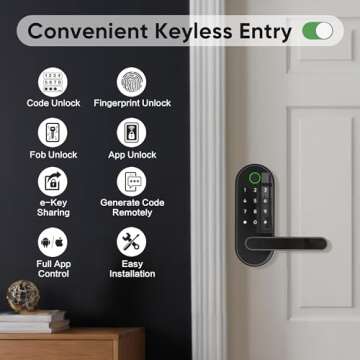 Keyless-Entry Fingerprint Digital Smart Lock: Wi-Fi Electronic Door Lock with Code Passcode, Electric Door Knob, Biometric Door Handle (Black, Lock + Wi-Fi Gateway)