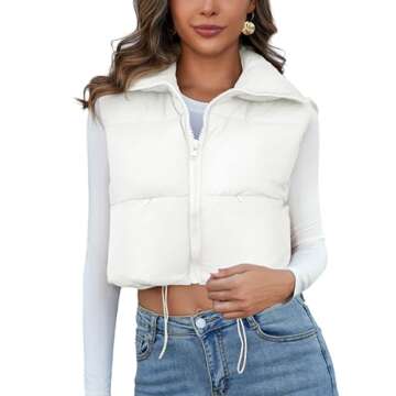 Kissonic Women's Winter Puffer Vest Stand Collar Zip Up Sleeveless Crop Jacket Padded Vest Lightweight Outerwear Gilet (Medium, Beige)
