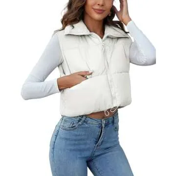 Kissonic Women's Winter Puffer Vest Stand Collar Zip Up Sleeveless Crop Jacket Padded Vest Lightweight Outerwear Gilet (Medium, Beige)