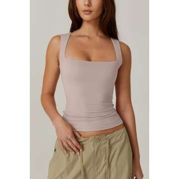 QINSEN Womens Sleeveless Square Neck Casual Basic Slim Fit Fitted Tank Top Pink S