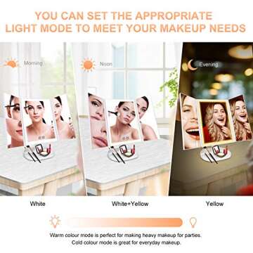 BESTOPE Makeup Vanity Mirror with Lights,3 Color Lighting Modes 72 LED Trifold Mirror with Touch Screen, 2X/3X Magnification Portable High Definition Cosmetic Lighted Up Mirror