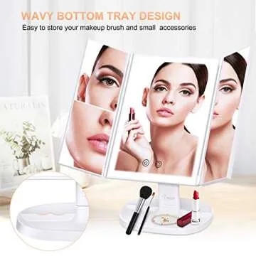 BESTOPE Makeup Vanity Mirror with Lights,3 Color Lighting Modes 72 LED Trifold Mirror with Touch Screen, 2X/3X Magnification Portable High Definition Cosmetic Lighted Up Mirror