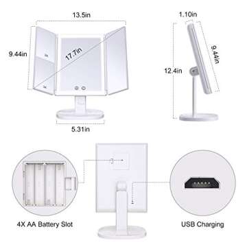 BESTOPE Makeup Vanity Mirror with Lights,3 Color Lighting Modes 72 LED Trifold Mirror with Touch Screen, 2X/3X Magnification Portable High Definition Cosmetic Lighted Up Mirror