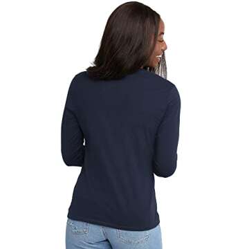 Hanes Comfortblend Women's Originals Long Sleeve Cotton T-Shirt, Lightweight V-Neck Tee, Modern Fit, Navy, Large