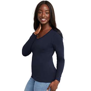 Hanes Comfortblend Women's Originals Long Sleeve Cotton T-Shirt, Lightweight V-Neck Tee, Modern Fit, Navy, Large