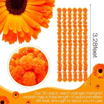 3.3 ft Marigold Garland Flower Garland Decorations Artificial Marigold Flower Traditional Indian Decor Long Strand Garland for Diwali Pooja Wedding House Decor (30, Dark Orange)
