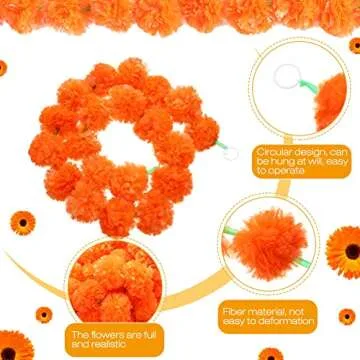 3.3 ft Marigold Garland Flower Garland Decorations Artificial Marigold Flower Traditional Indian Decor Long Strand Garland for Diwali Pooja Wedding House Decor (30, Dark Orange)