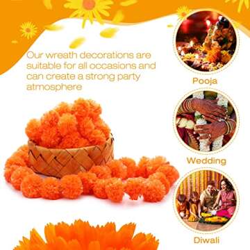 3.3 ft Marigold Garland Flower Garland Decorations Artificial Marigold Flower Traditional Indian Decor Long Strand Garland for Diwali Pooja Wedding House Decor (30, Dark Orange)