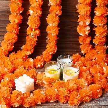 3.3 ft Marigold Garland Flower Garland Decorations Artificial Marigold Flower Traditional Indian Decor Long Strand Garland for Diwali Pooja Wedding House Decor (30, Dark Orange)