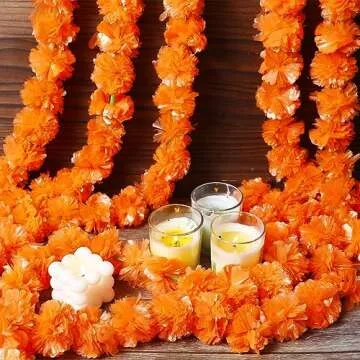 3.3 ft Marigold Garland Flower Garland Decorations Artificial Marigold Flower Traditional Indian Decor Long Strand Garland for Diwali Pooja Wedding House Decor (30, Dark Orange)