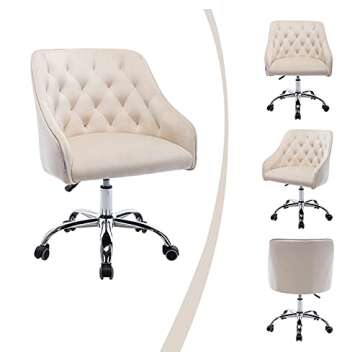 SLEERWAY Velvet Home Office Desk Chair, Modern Swivel Armchair, Comfy Task Chair with Height Adjustable, Upholstered Tufted Computer Chair for Working or Studying (Beige)