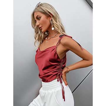 Miessial Women's Fashion Side Ruched Tank Tops Spaghetti Straps V Neck Satin Camisole Wine Red 8
