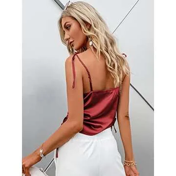 Miessial Women's Fashion Side Ruched Tank Tops Spaghetti Straps V Neck Satin Camisole Wine Red 8