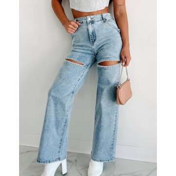 Kedera Women High Waist Denim Jeans Rhinestone Pearl Beaded Bling Baggy Wide Leg Jeans Pants A-Blue