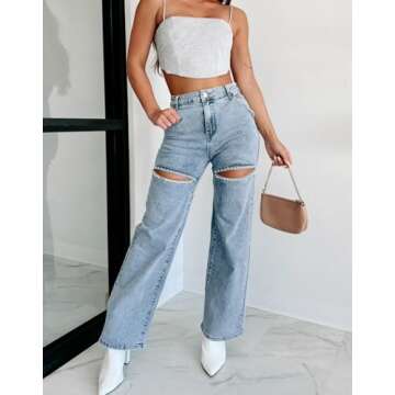 Kedera Women High Waist Denim Jeans Rhinestone Pearl Beaded Bling Baggy Wide Leg Jeans Pants A-Blue