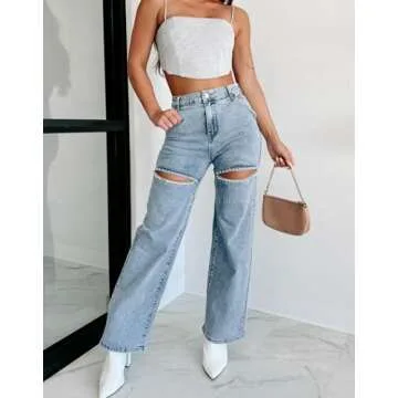 Kedera Women High Waist Denim Jeans Rhinestone Pearl Beaded Bling Baggy Wide Leg Jeans Pants A-Blue