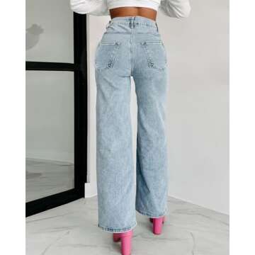 Kedera Women High Waist Denim Jeans Rhinestone Pearl Beaded Bling Baggy Wide Leg Jeans Pants A-Blue