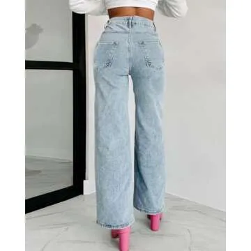 Kedera Women High Waist Denim Jeans Rhinestone Pearl Beaded Bling Baggy Wide Leg Jeans Pants A-Blue