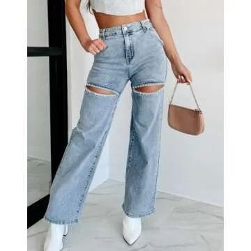 Kedera Women High Waist Denim Jeans Rhinestone Pearl Beaded Bling Baggy Wide Leg Jeans Pants A-Blue