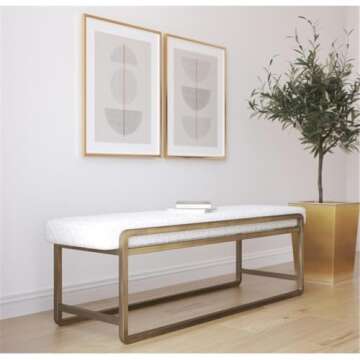 American Home Classic Cole Modern Stainless Steel/Boucle Bench in Brass/Ivory