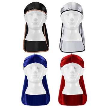 Tatuo 2 Pieces Velvet Durag and 2 Pieces Silky Soft Durag Cap Headwraps with Long Tail and Wide Straps for 360 Waves(Black, Silver, Blue, Red)