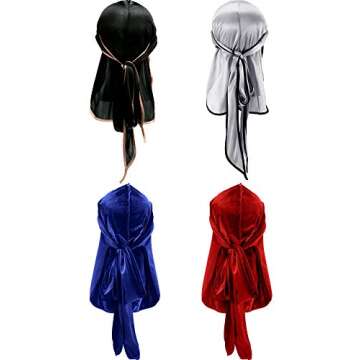 Tatuo 2 Pieces Velvet Durag and 2 Pieces Silky Soft Durag Cap Headwraps with Long Tail and Wide Straps for 360 Waves(Black, Silver, Blue, Red)
