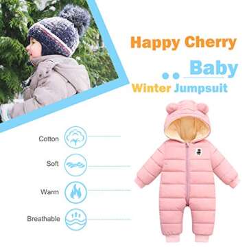 Happy Cherry Hooded Puffer Jacket for Baby Girls Boys Warm Jumpsuit Winter Snowsuit Long Sleeve Down Coat Padded Romper 18-24 Months Pink